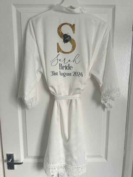 Gold initial Wedding lace robe