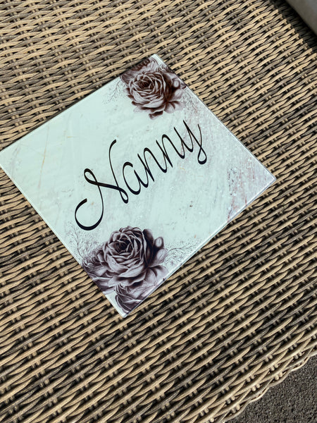 Grey rose themed name Glass chopping board